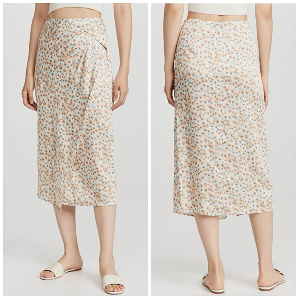 Vince Midi Skirt 6 Cream Blue Carnation Print Asymmetric Cascade Drape
